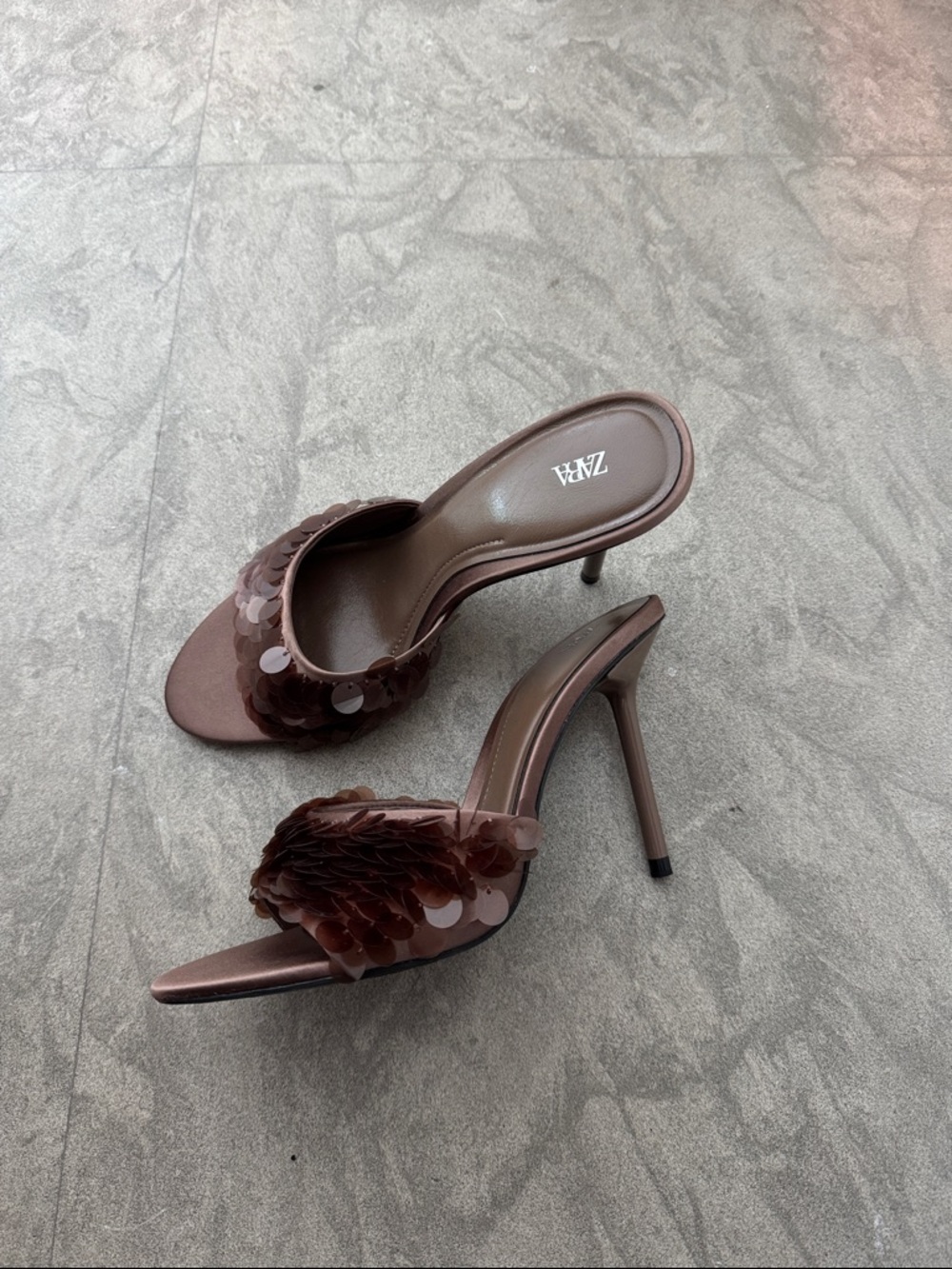 NWOT ZARA Brown Sequin Stiletto Slide Heels - Picture 3 of 5